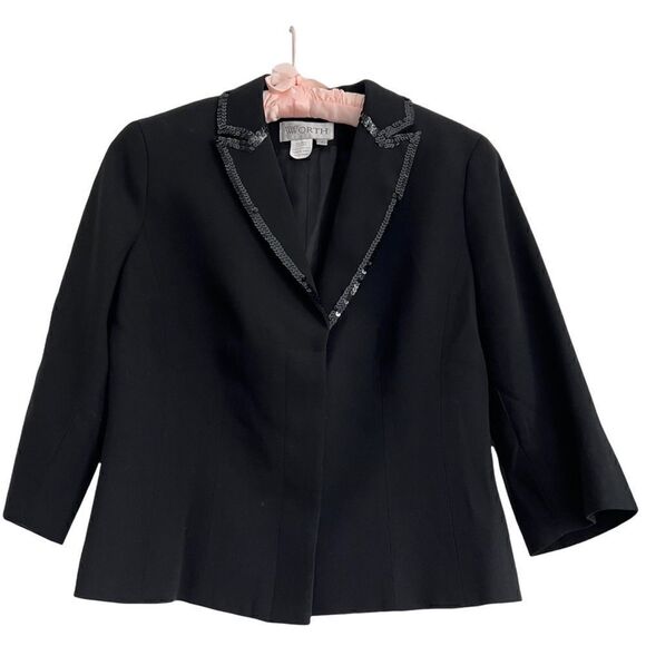 Vintage Worth Sequined Black Wool Cocktail Jacket Size 6 - Picture 1 of 6